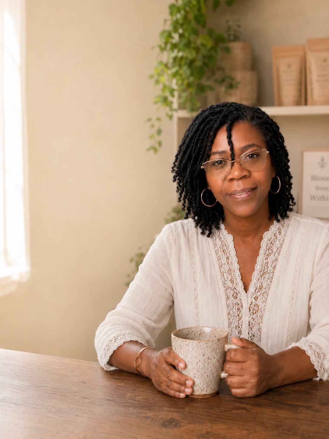 Founder Lynette holding a mug