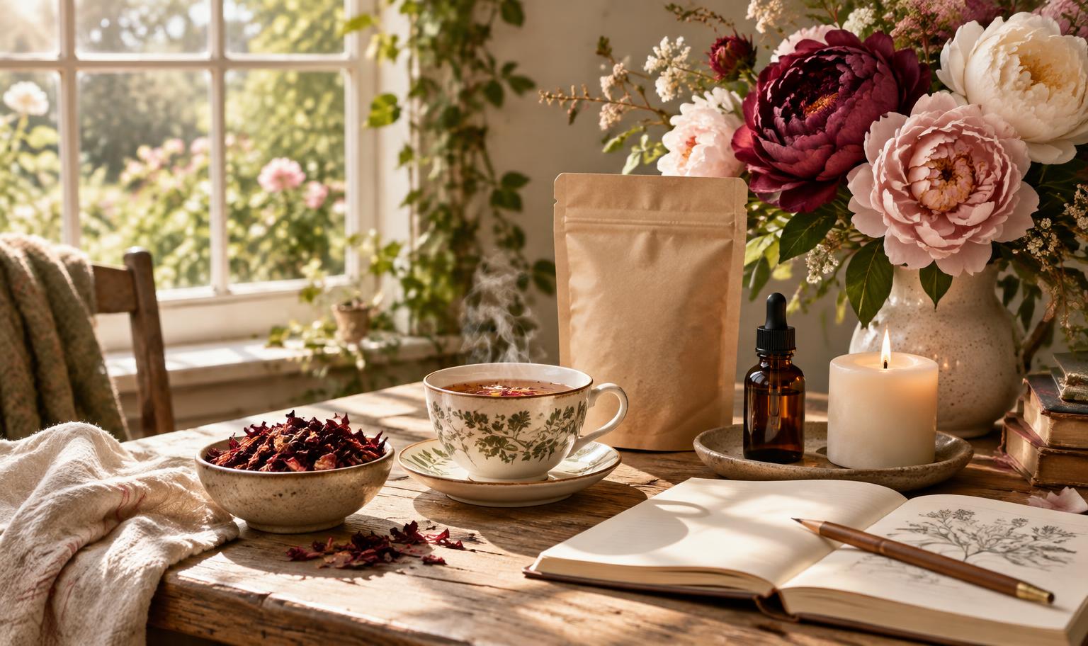Botanical tea, a journal, candle, aroma oil and flowers on a sunny table