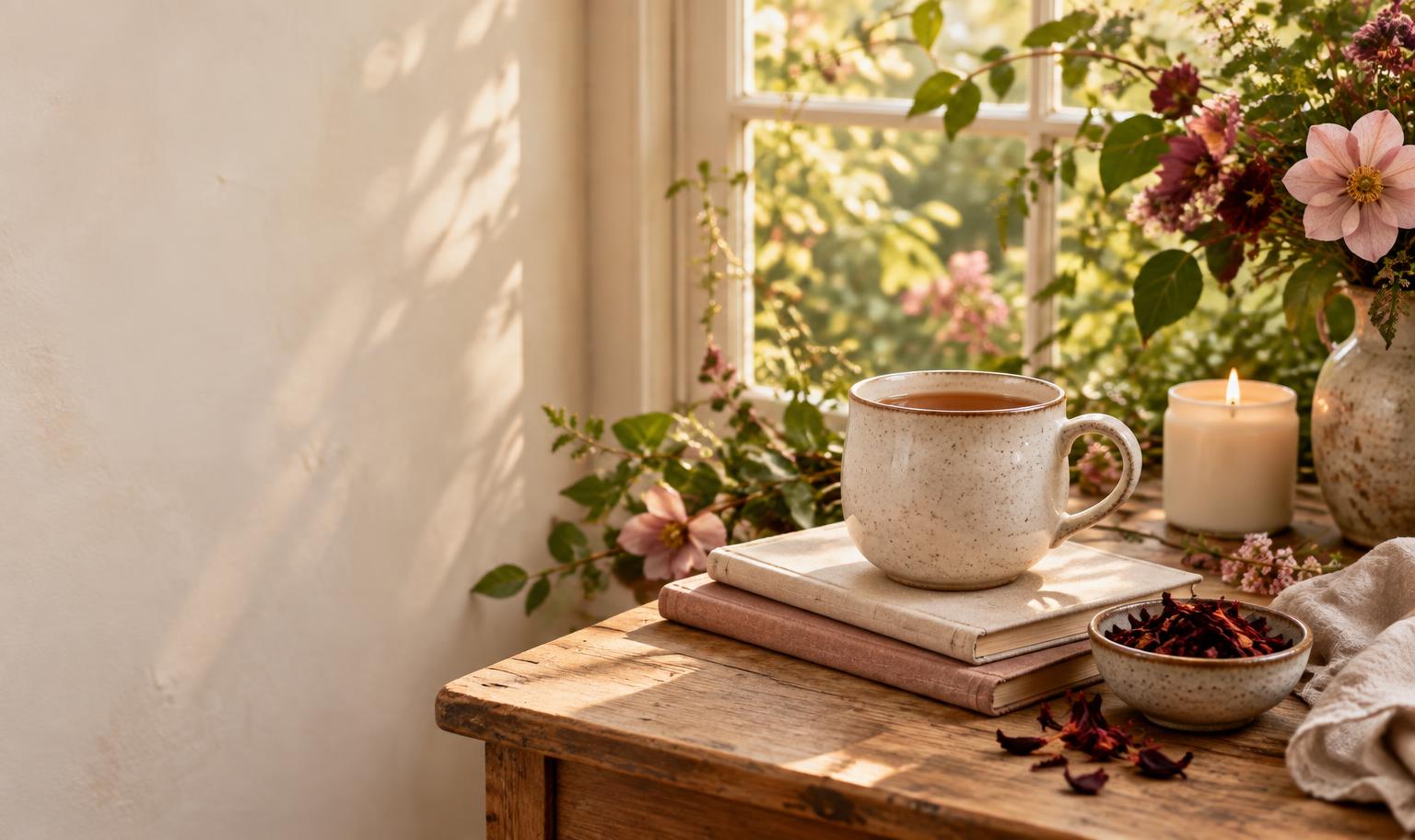 A cup of tea beside books, a candle and fresh flowers by the window
